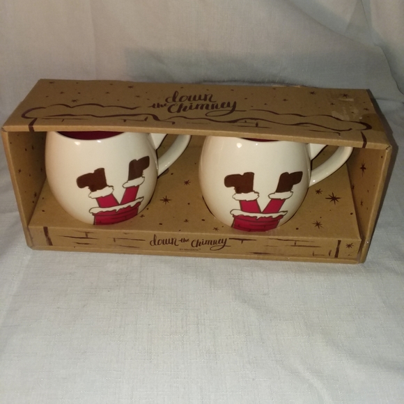 Magenta Down The Chimney Christmas Santa Mugs Coffee Cocoa Cups Set of 2 NEW - Picture 1 of 10